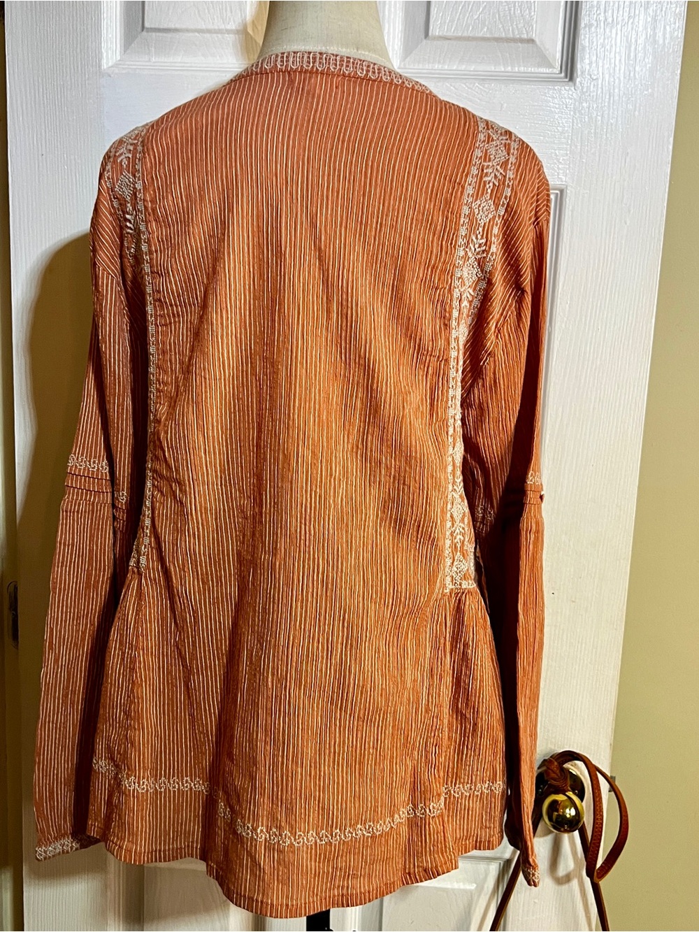 Garnet Hill Cotton Rusty Coral Embroidery Pleated Striped Tassel Peasant Top 18 - Picture 5 of 12